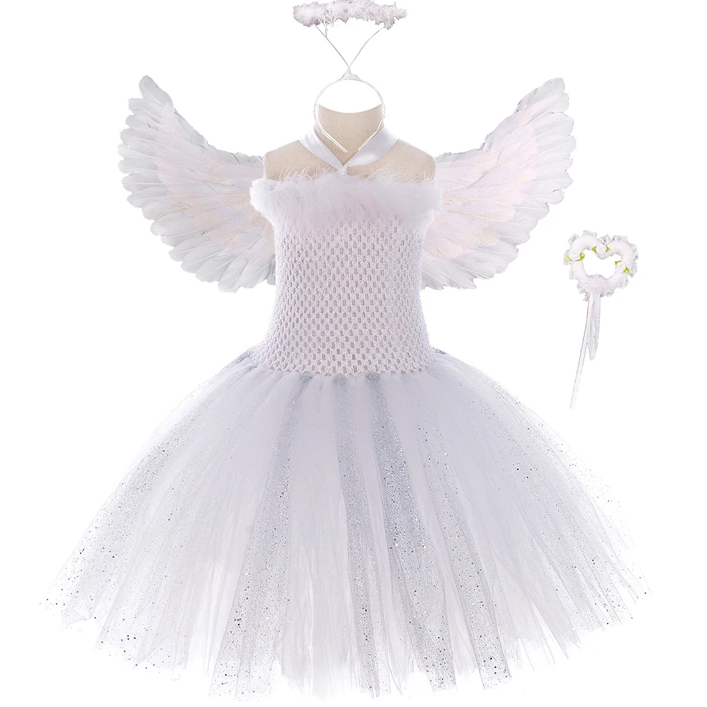 Sparkly Pure White Angel Tutu Dress Feather Wing Wands Outfits Fancy Kids Dresses Angel Costume for Girls Birthday Party Clothes girls dress maxi dress princess costume