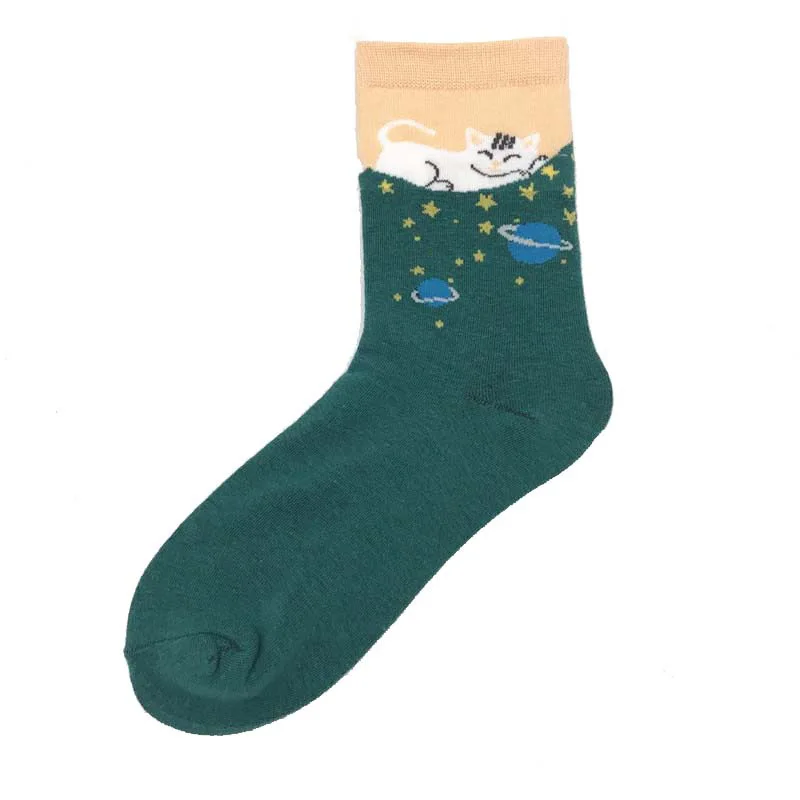 W029 Green cat CUHAKCI, хлопковые носки, забавные, масляные, с рисунком, модные, счастливые носки, ночные, зимние, мужские, женские, с красочным принтом, Ван Гог, художественные носки, одна пара - Цвет: W029 Green cat