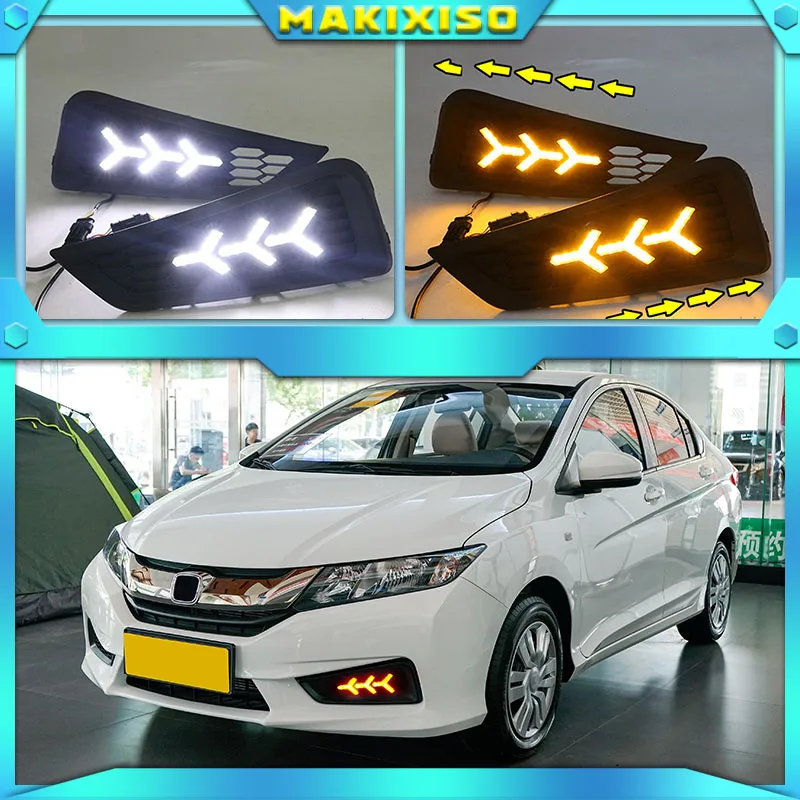 

1 комплект 12 В ABS светодиодный одов для Honda City 2015 2016 DRL дневные ходовые огни дневсветильник с желтым указателем поворота