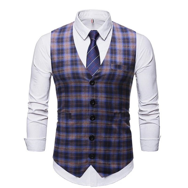 ZUSIGEL 2019 New Slim Fit Plaid Men Suit Vest Sleeveless Print Wedding Waistcoat Men Single Breasted Casual Mens Vest