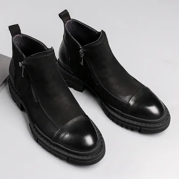 

Thick Bottomed Men Leather Boots Bota Masculina The Leather Boots Work Pointed Toe Ankle Genuine Leather Cow Leather Rubber