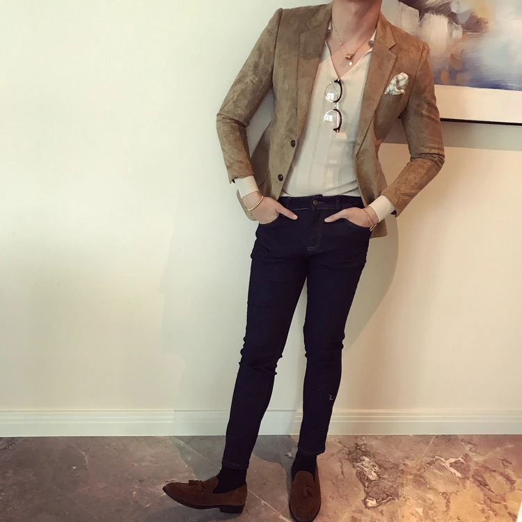Deerskin Jacket England Joker Suit Fashion Autumn Men Clothing Casual Slim Fit Blazer Leather Suits Leather Jacket Men Outwear