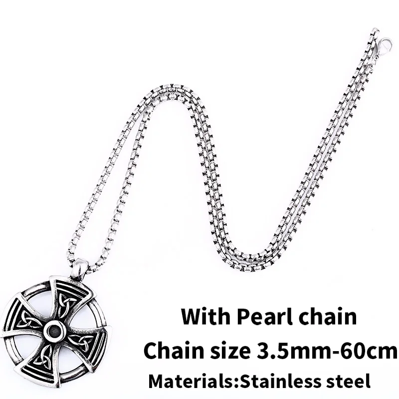 with pearl chain Стальной солдат круглый крест кельтское ожерелье с кулоном викинга мужские ювелирные изделия из нержавеющей стали - Окраска металла: with pearl chain