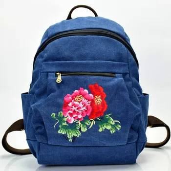 

National Style Solid Color Embroidery Canvas Backpack Women's Simple Peony Embroidery Large Capacity Travel Backpack