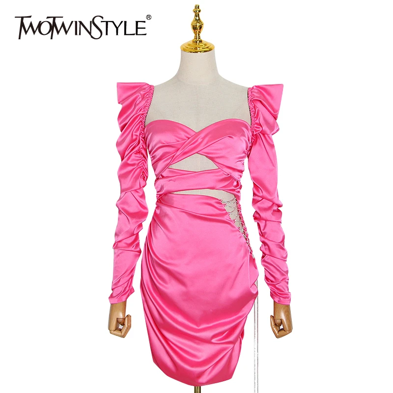 TWOTWINSTYLE patchwork hollow out corss dress for women square collar long sleeve sexy party dresses female 2020 summer new tide TWOTWINSTYLE patchwork hollow out corss dress for women square collar long sleeve sexy party dresses female 2020 summer new tide
