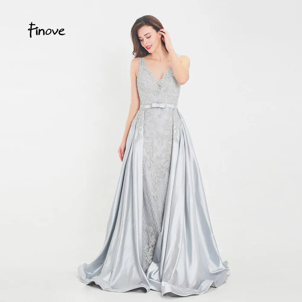 Finove Классические Серые Вечерние платья robe de soiree сексуальные платья с v-образным вырезом и шикарной аппликацией Длинные вечерние платья в пол - Цвет: Grey