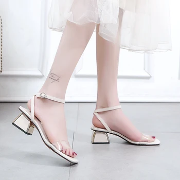 

Korean version of the 2020 spring women's shoes thick with wild summer high-heeled net red simple open-toed word sandals wome