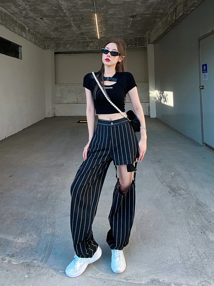 Pantalones vaqueros a rayas verticales para mujer, jeans rectos, sueltos, de cintura con pierna delgada, a la moda, 2021 - AliExpress Ropa de mujer