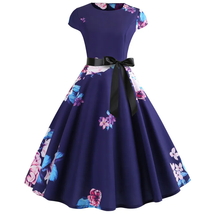 Летнее платье с принтом в горошек, винтажное женское платье в стиле рокабилли большого размера плюс, Повседневные Вечерние платья в цветочек для офиса, Vestidos - Цвет: C003.