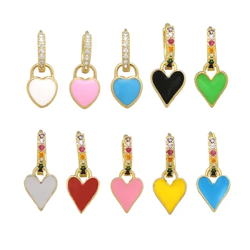

1 Piece Hoop Dangle Earrings Neon Green Yellow Bright Fluorescent Jewelry Enamel Geometric Heart CZ Rainbow Gold Color Earring