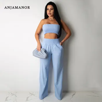 

ANJAMANOR Sexy Summer Clothes for Women Two Piece Set Smocked Crop Top and Wide Leg Pants Matching Sets Club Outfits D91-AG79