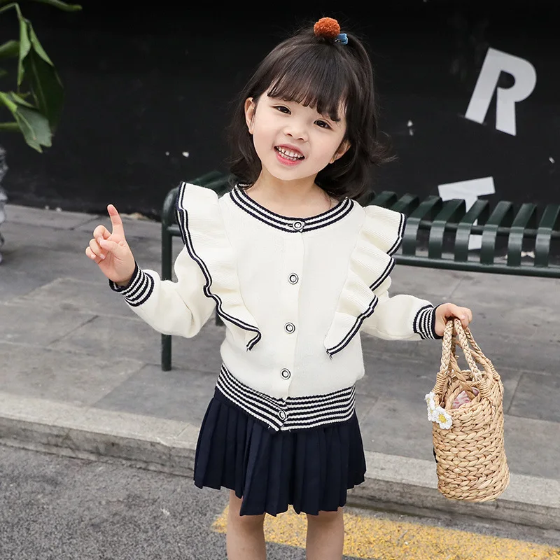 

Girl'S Sweater Coat 19 Spring And Autumn New Style Korean-style Children Baby Flounced Cardigan Tops Long Sleeve Knitted Sweater