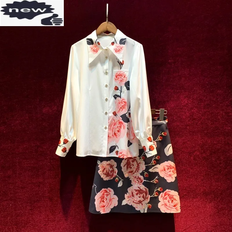 

Women Summer Fashion Printed Beading Vintage Two Piece Skirt Sets 2021 Office Ladies Elegant Blouses&Skirts Matching Set Outfit