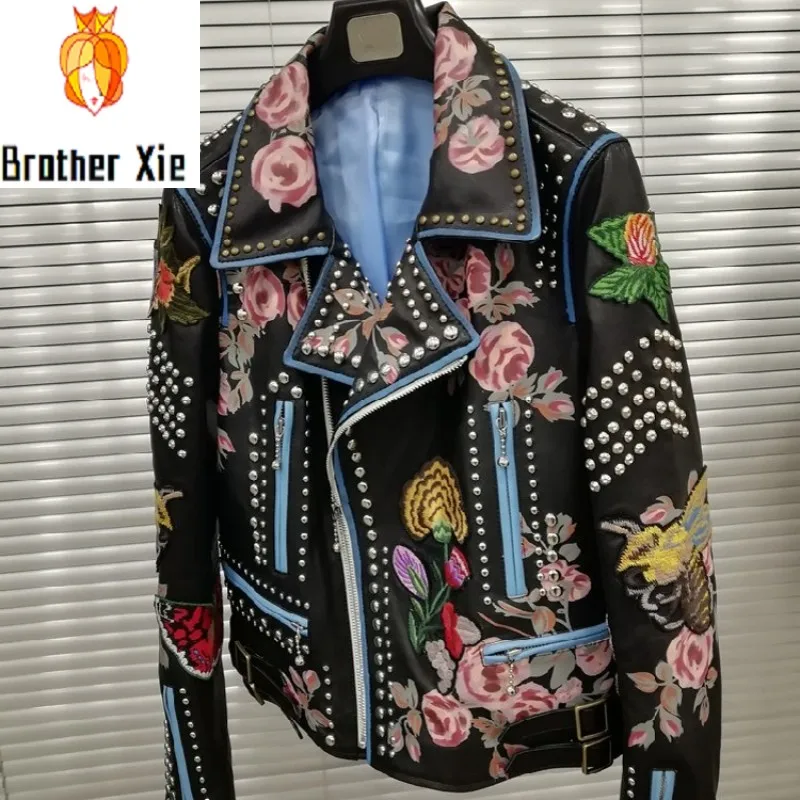 

Runway Women Floral Printed Rivet Motor Biker Sheepskin Genuine Jacket Colorful Embroidery Italy Designer Gothic Coat Chaqueta