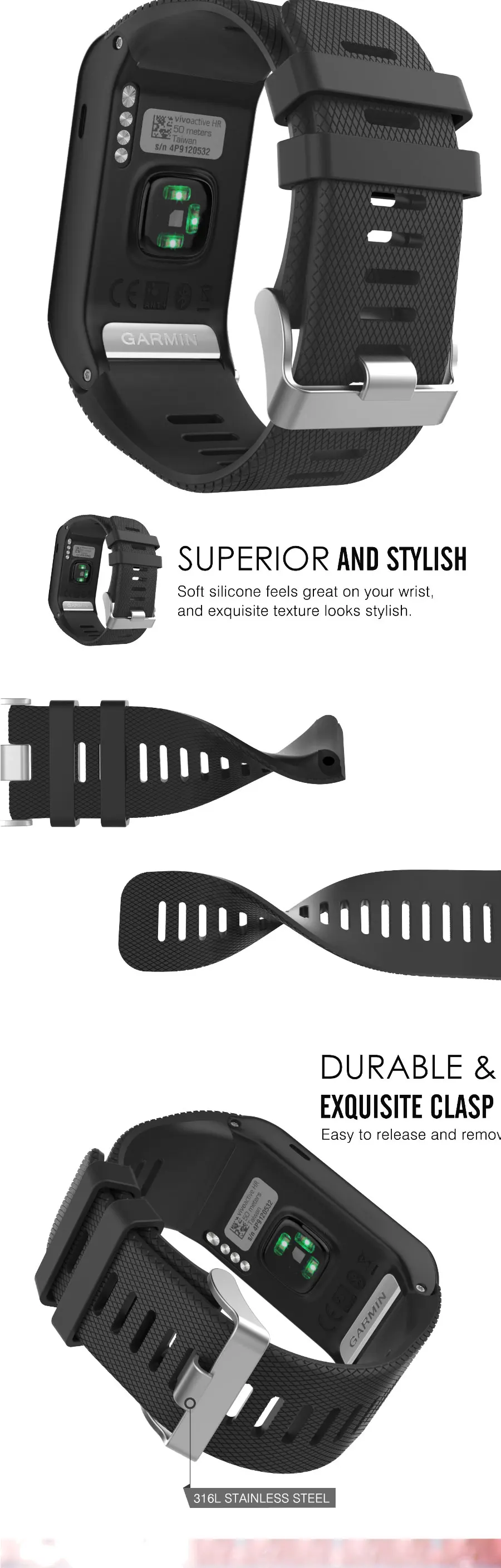 Weiches Silikon-Uhrenarmband für Garmin Vivoactive, Ersatz-Armband mit Werkzeug, Uhrenarmband für Vivoactive HR Armreif-Zubehör – Detail 9