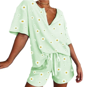 

Simple Style Ladies Pajamas Set 2020 Women Summer Autumn Breathable Short Sleeve Loose Collar Daisy Printing Leisure Wear 2pcs