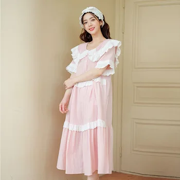 

New Popular Korean Style Lovely Sweet Nightdress Women Loose Bathrobe Plus Size Ruffles Patchwork Nightgown Female Home Clothing