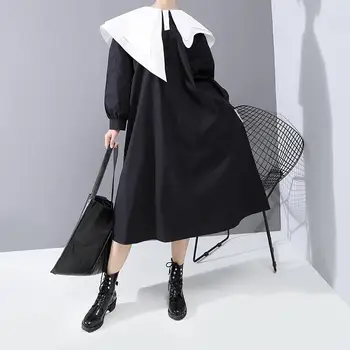 

2020 Women's Lotus Leaf Collar Simple Solid Color Dress Spring Summer Long Sleeve Large Size Loose Big Hem Medium Length Dress