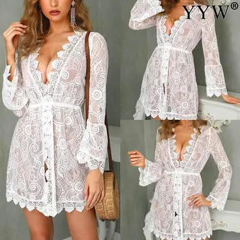 

Women Biki Cover Up 2020 New Summer Floral Lace Hollow Crochet Swimsuit Cover-Ups Bathing Suit Beachwear Tunic Beach Dress Hot