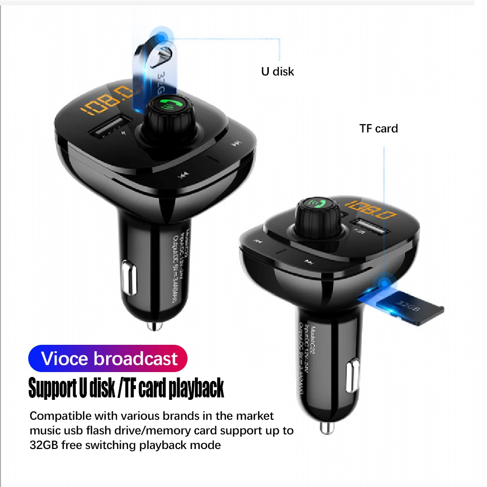1," Автомобильный MP3-плеер, двойной USB прикуриватель, зарядное устройство, быстрая зарядка, многофункциональное радио, Bluetooth плеер C22