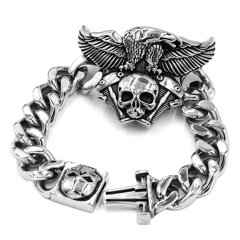 pearl bangle Personality Engine Skull Bracelet Titanium Stainless Steel Jewelry Large Vintage Skull Eagle Biker Men Boys Bracelet SJB0368A white gold bangle bracelet