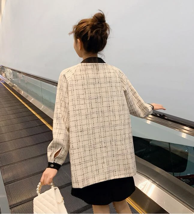 Твидовый пиджак, пальто для женщин, высокое качество, новинка, Осень-зима, брендовый дизайн, плед, длинный рукав, Круглый ворот, однобортная шерстяная верхняя одежда - Цвет: Beige