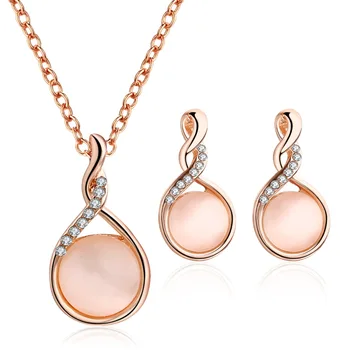 

TSHOU221 ROUND Crystal Opal Bridal Set Necklace Earrings Jewelry Two Piece Set