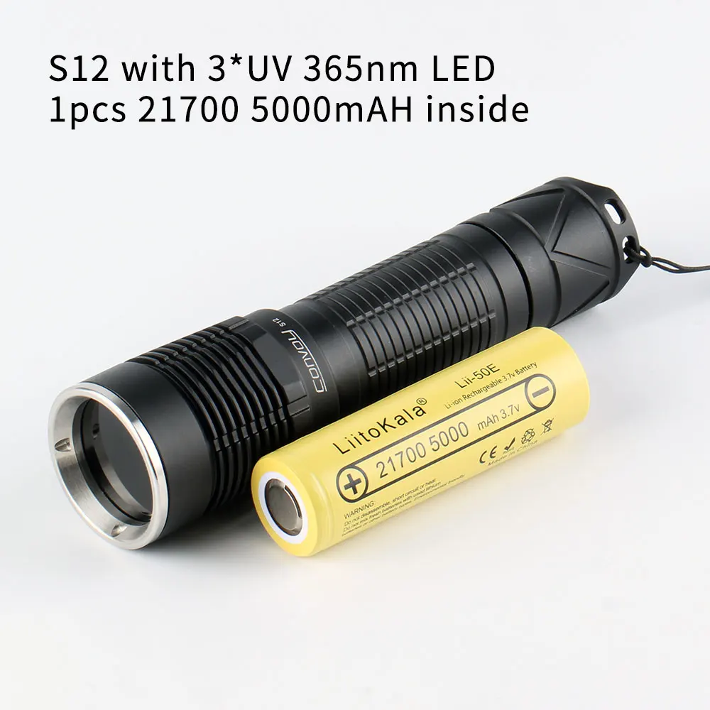 Ультрафиолетовый светодиодный фонарик Convoy S12 3 * UV 365 нм Уфа 21700 1 шт. батарея 5000 мАч