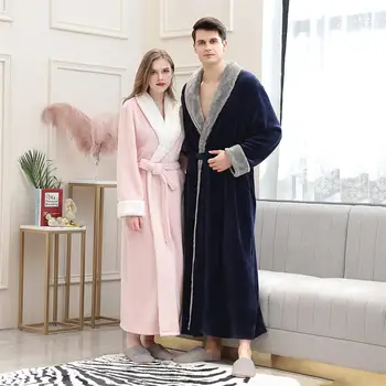 

Women Winter Bathrobe Splice Thicken Coral Fleece Robe Gown Pajamas Sleepwear Pocket Soft Night Dressing Gown Men Sleepwear