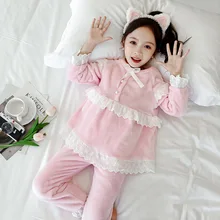 Детская бархатная домашняя одежда для девочек розовая плюшевая Пижама принцессы зимний длинный рукав фланель Домашняя одежда коралловый флис ночное белье