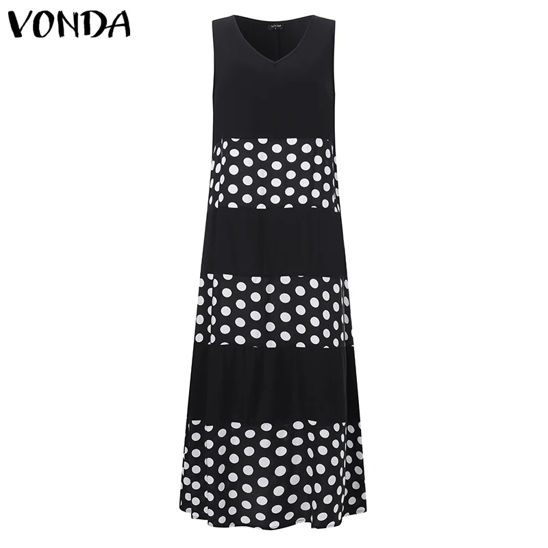 VONDA, летнее платье, женский сарафан, винтажное, с принтом, макси, длинное платье,, женское, без рукавов, Пляжное, Vestidos, Повседневное платье размера плюс - Цвет: Черный