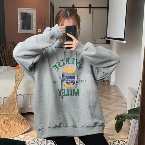 Gray Gaganight с надписью Harajuku Винтаж Для женщин толстовка с длинным рукавом флисовая толстовка Повседневное свободные Осень-зима, верхняя одежда однотонные топы для девочек - Цвет: Gray