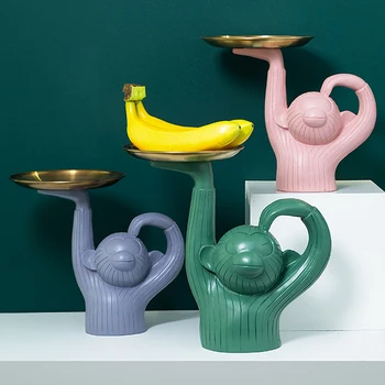 

Nordic Retro Creative Monkey Doll Ornaments Modern Home Decorative Simian with Storage Plate Table Fruit Cake Snack Holder