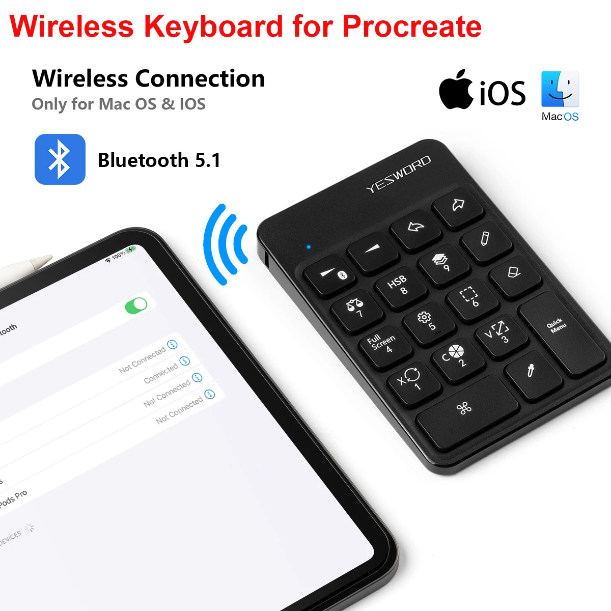 Yesword Teclado sem Fio para Procreate Bluetooth Desenho para Ipad Gráficos Tablets Pintura 6.5*5.5 Recarregável pk Aoiktye 2