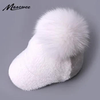

Real Fox Fur Pompom Baseball Caps For Kids Winter Autumn Mink Knitted Thick Warm Hats For Boy Girl Solid Color Soft Gorrras Caps