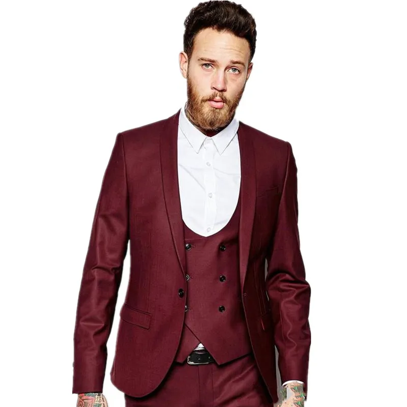 

Burgundy Groom Tuxedos Double-Breasted Men Wedding Tuxedos Shawl Lapel Jacket Blazer Fashion Men Dinner Suit(Jacket+Pants+Vest)