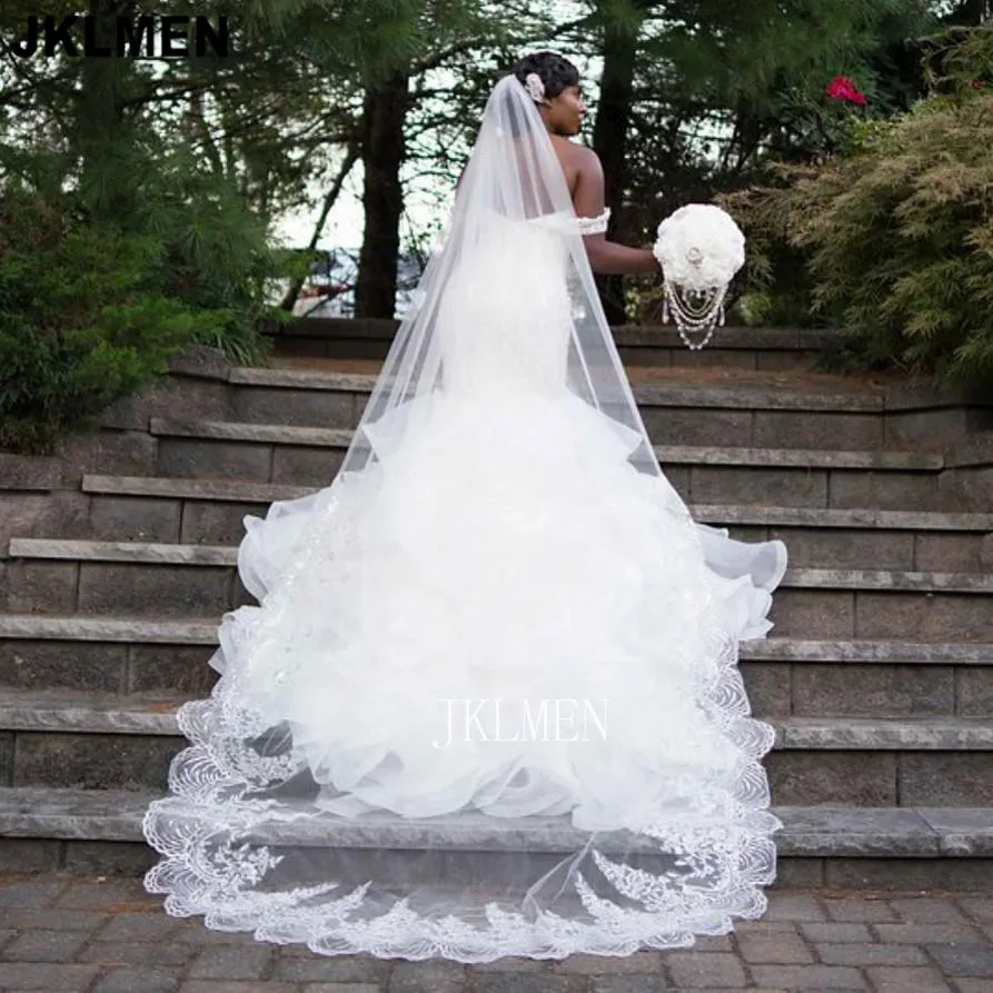 Ruffle Organza Mermaid Wedding Dress Lace Beads Pearls Off-the-shoulder Trumpet Bridal Gown