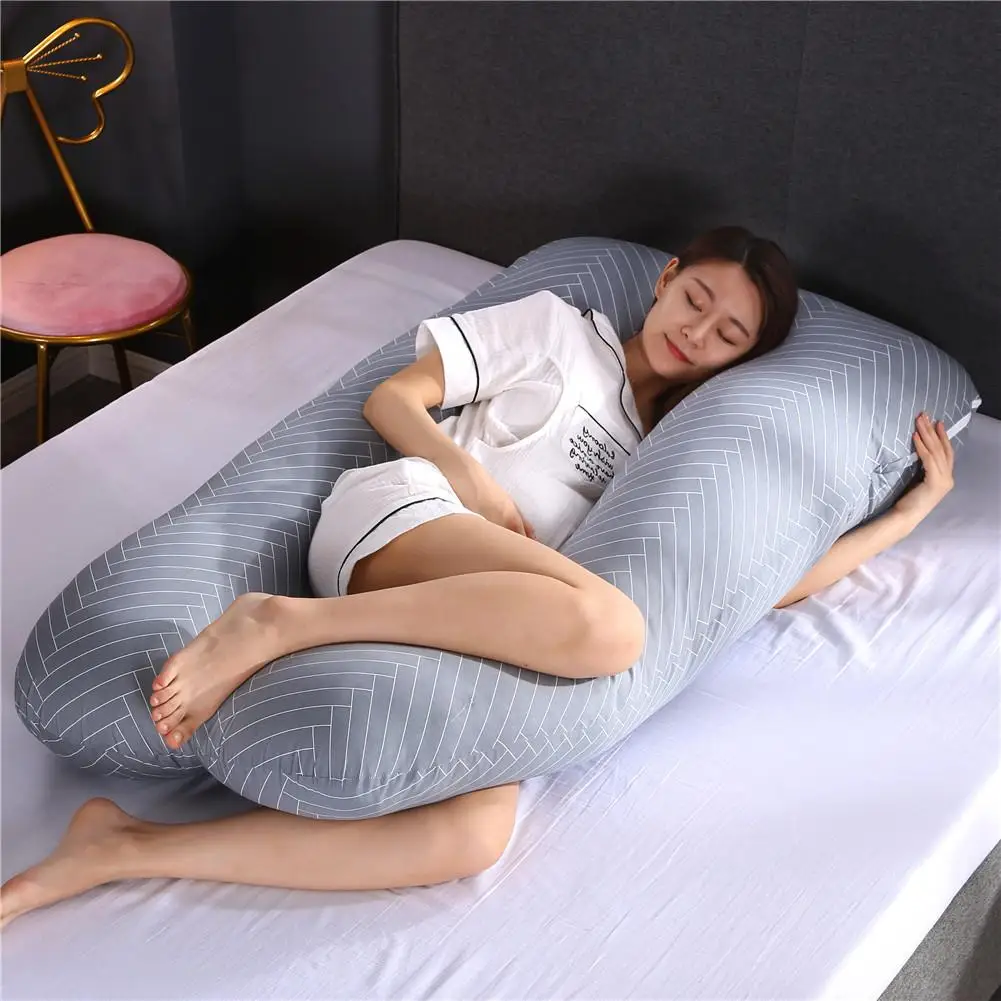 

Pregnancy Pillow Multifunctional Side Sleeper Full Cotton Washable Bedding Striped Gray U-Shape Maternity Nap Pillow