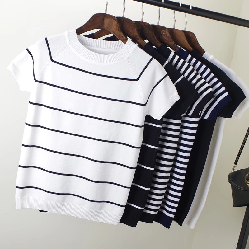 Plus Big Size Summer Short Sleeve Striped Pullover Women Sweater Knitted 2021 Sweaters Tops Korean Pull Femme Jumper Female | Женская