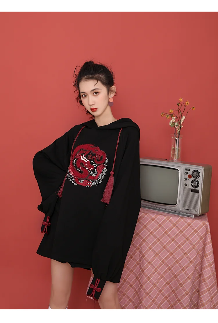Spring New Female Sweatshirt Solid Color Dragon Embroidery Vintage Hooded Lantern Sleeve All-match Outerwear XZ704