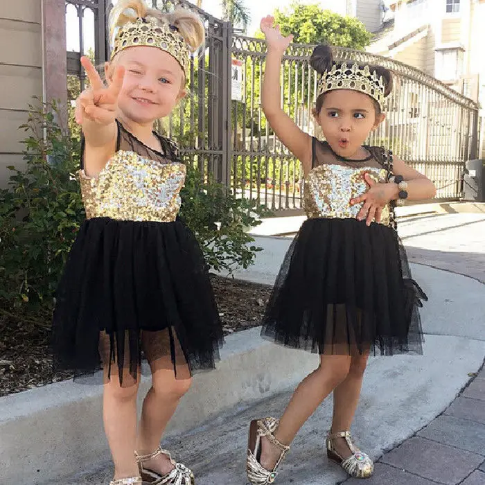 Новые платья детская одежда принцессы для маленькой девочки торжественные вечерние черные кружевные золотистые короткие мини-платья