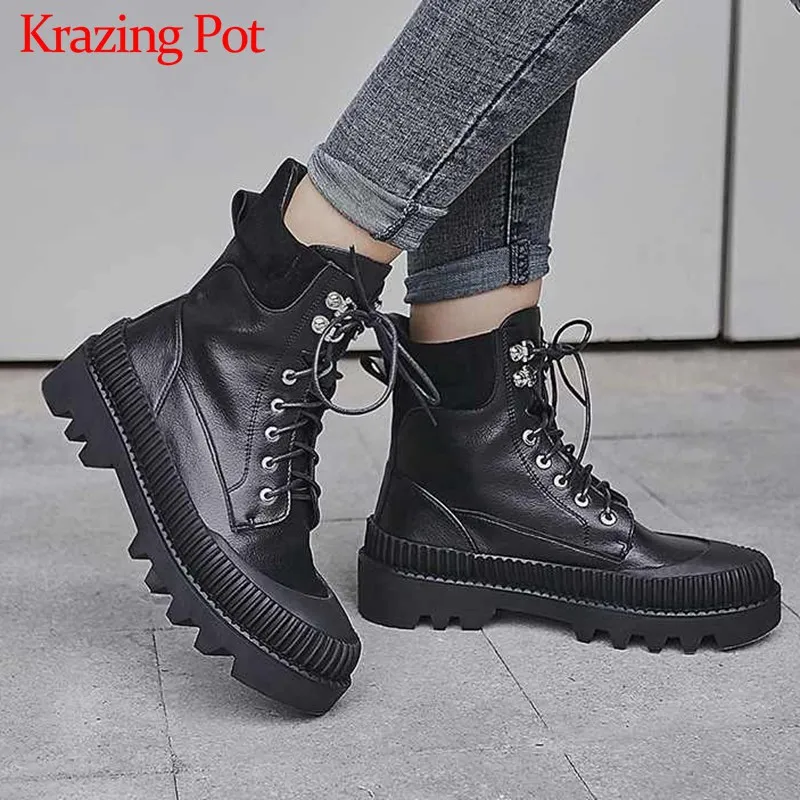 

Krazing Pot preppy style thick bottom genuine leather round toe med heels rivets lace up keep warm women punk ankle boots L60