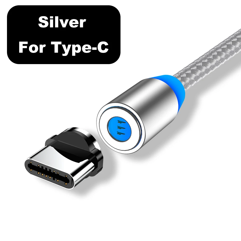 Магнитный Micro USB кабель для iPhone 6, 7, 8, X 11 Pro Max, samsung S9 type C, кабель для освещения телефона, 1 м, 2 м, светодиодный USB C кабель, шнур - Цвет: Silver For Type-C