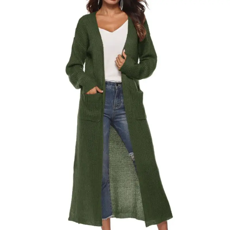 

Womens Long Sleeve Open Front Cardigan Maxi Long Side Split Solid Color Knitted Sweater Irregular Slim Coat with Large Pockets