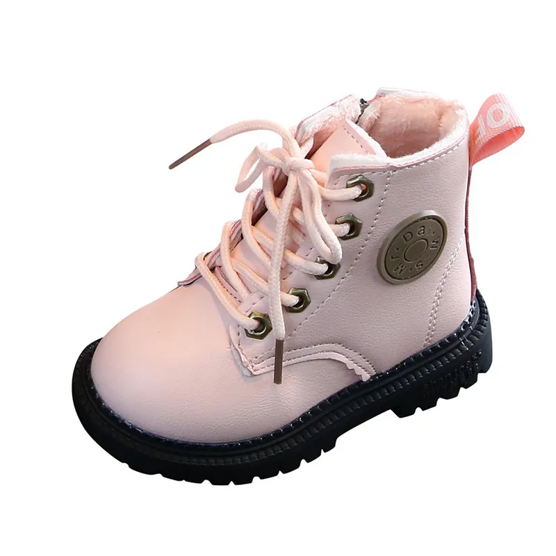 Розовый Kids Shoes girls Boys PU Leather Lace Up High Children Sneakers girl Baby Shoes Sport Autumn Winter Children Shoes K30 - Цвет: Розовый