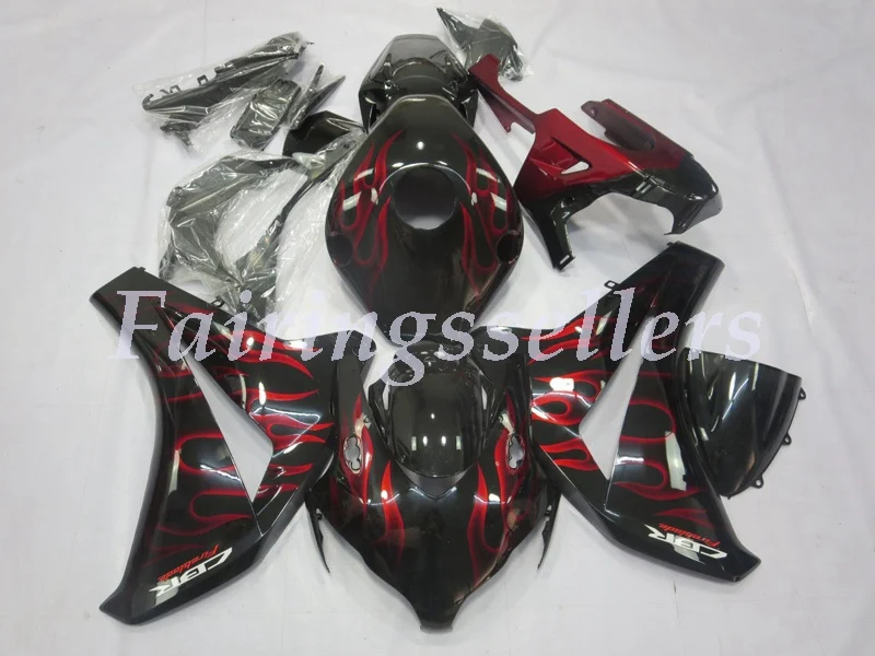 Инъекций ABS Полный обтекатели комплект Подходит для HONDA CBR1000RR 2008 2009 2010 2011 CBR1000RR 08-11CBR1000 обтекатель, черные, красные, Пламенные со стразами