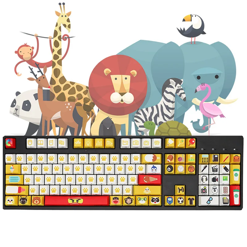 

104 Key Cartoon Zoo Side Engraved Keycaps Full Set OEM Height Ball Caps Yellow Green Red Pink For Mechanical Keyboard Keycaps