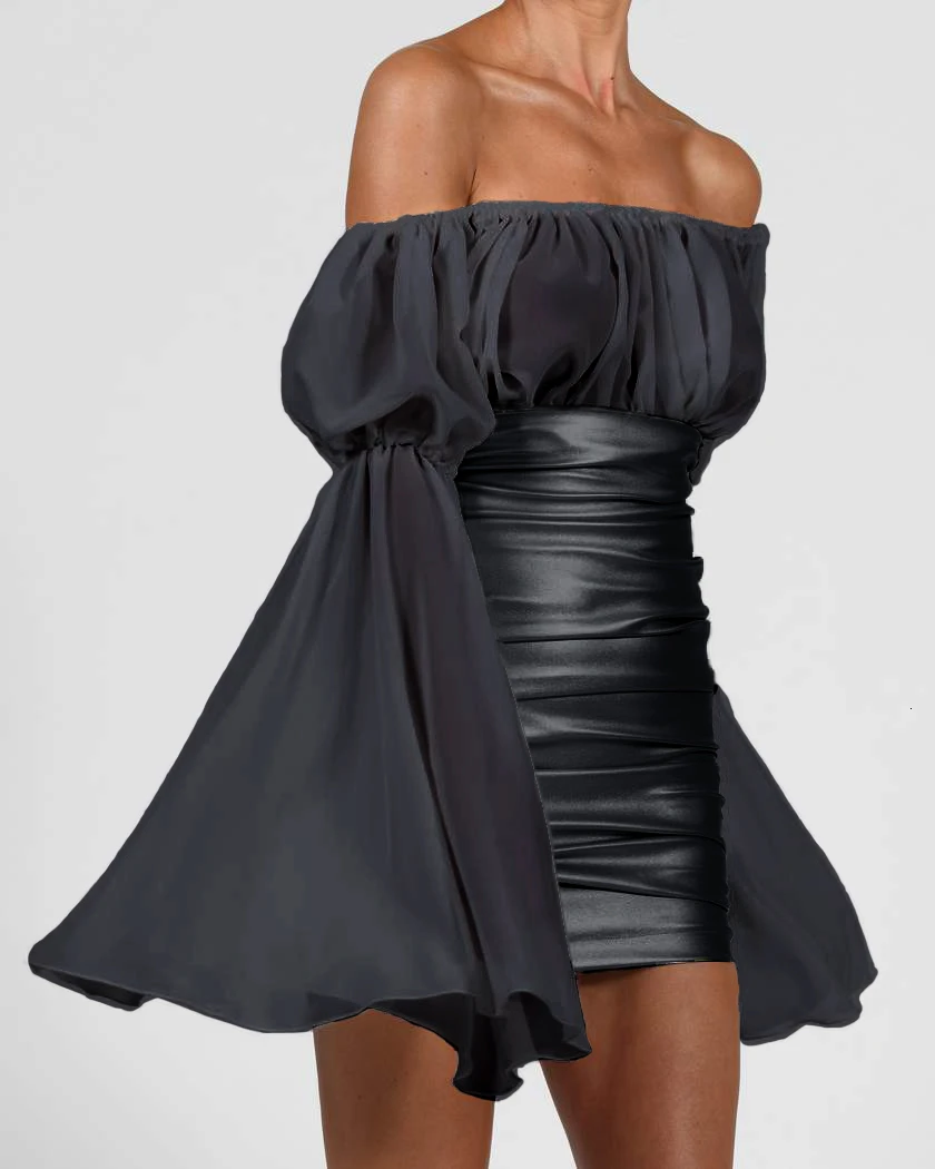 Tobinoone сексуальное короткое вечернее платье с открытыми плечами, женское облегающее мини-платье с расклешенными рукавами, Серебряная Сексуальная клубная одежда, Дамское уличное платье - Цвет: Черный