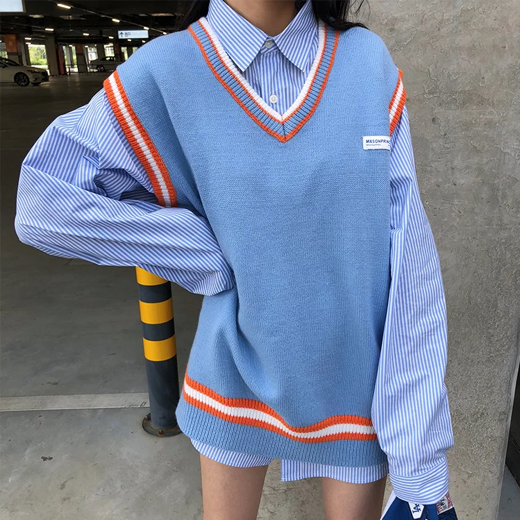 

Women Sleeveless Pullover 2019 Autumn Winter Korean Preppy Style Stripe Patchwork Oversize V Neck Knitted Sweater Vest Blue T362