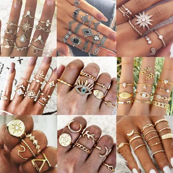 

20 Styles Women Bohemian Vintage Crown Wave Flower Heart Lotus Star Leaf Crystal Opal Joint Ring Party Jewelry Silver Rings Set